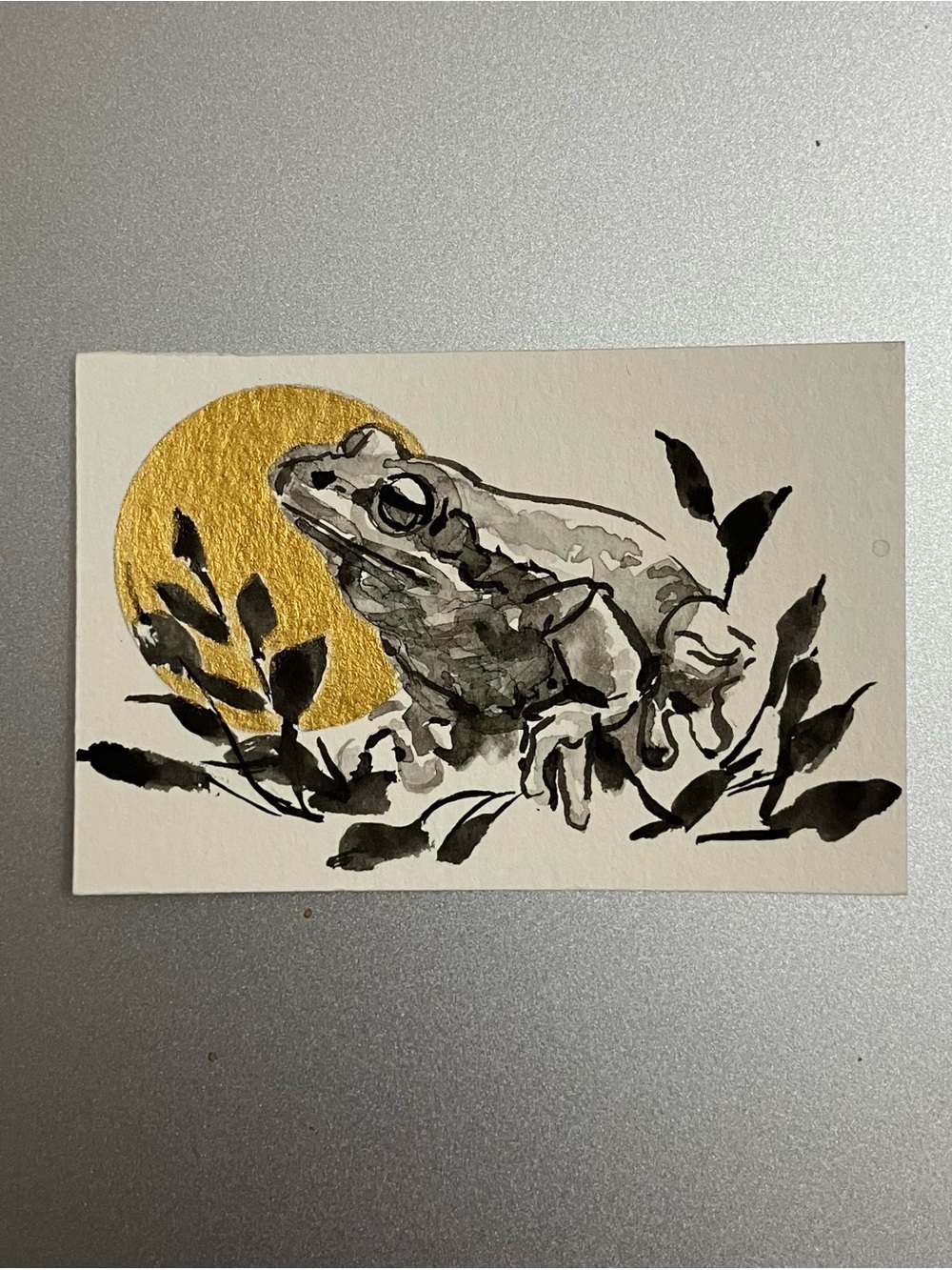 Original frogs miniature realism painting sumi-e art amphibian gift USA